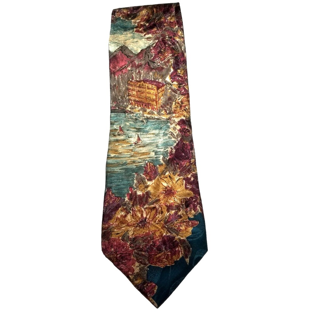 Villa Bugatti Coastal Italian‎ Print Impressionistic Jacquard Textured Silk Tie